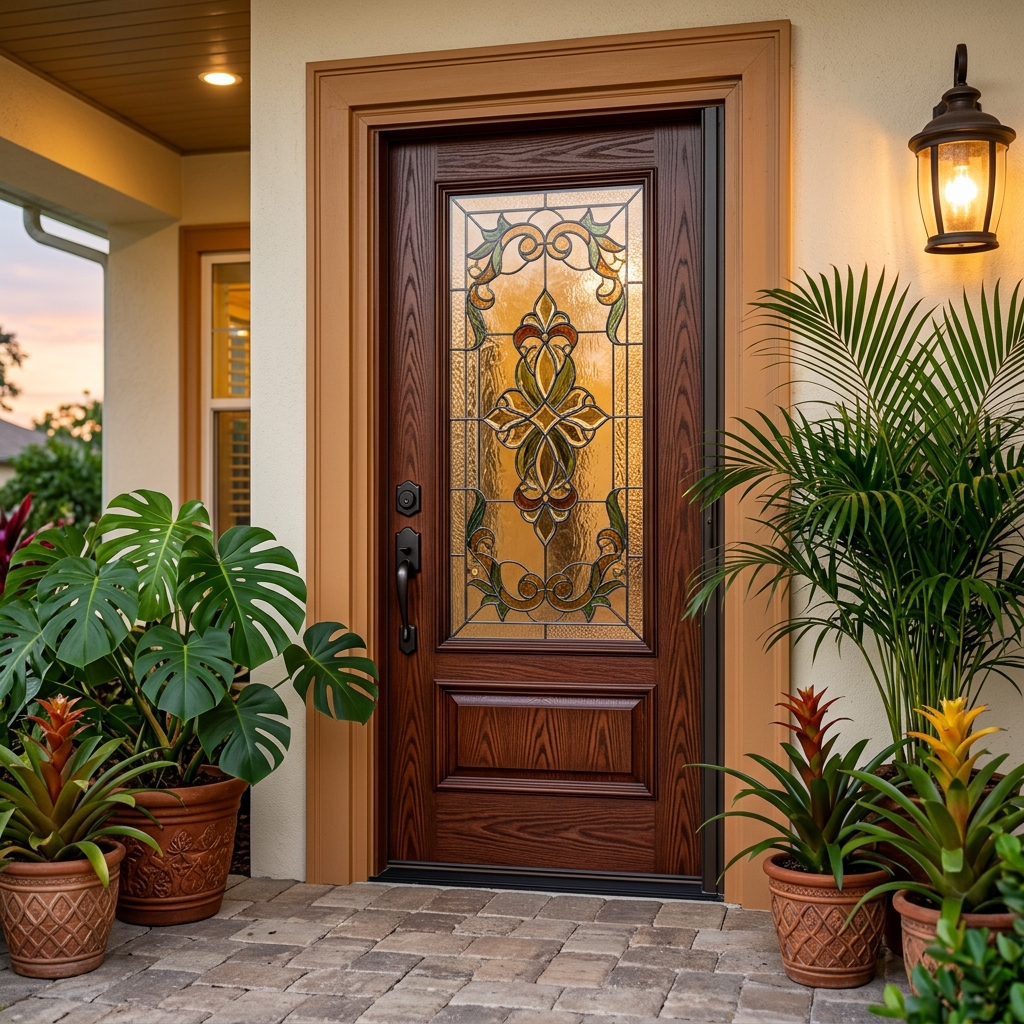 Elegant faux mahogany wood grain finish on a fiberglass entry door — custom glazing by Under The Sun Painting LLC