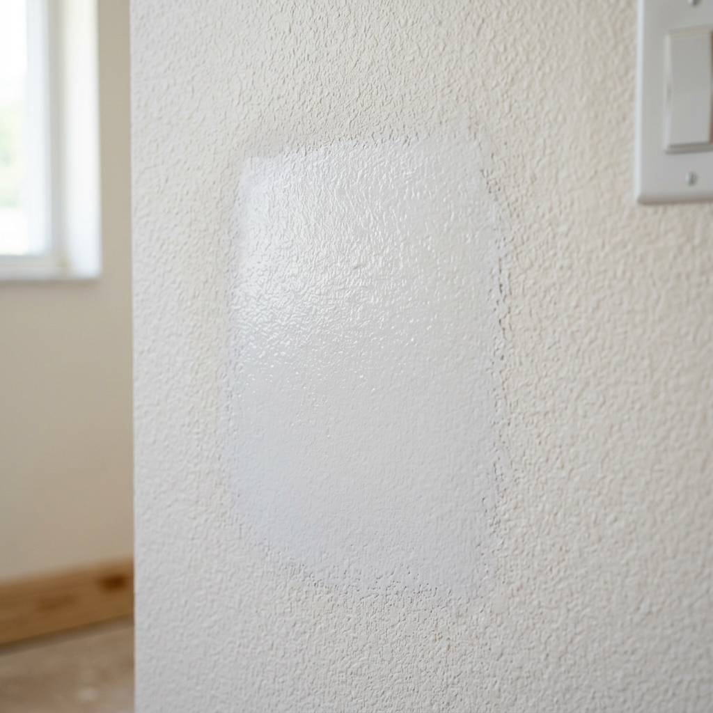 Freshly patched and texture-matched drywall repair in a Florida home — orange peel texture with white primer, professional finish