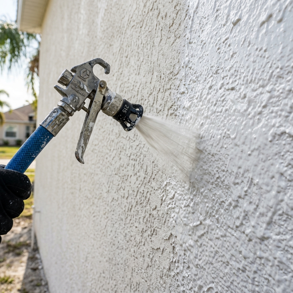Airless spray gun applying thick white elastomeric coating to Florida stucco wall — wet paint buildup visible on textured surface, professional equipment