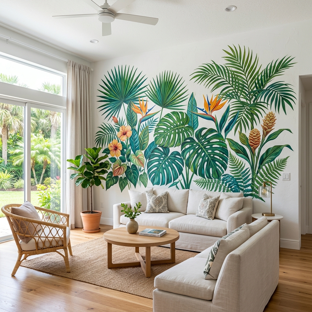 Custom botanical tropical wall mural painted in a bright Florida residential interior — vibrant artistic brushwork on white wall