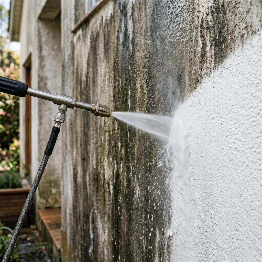 Pressure washing wand stripping salt deposits and mildew from Florida stucco — dramatic before-and-after contrast showing clean white stucco being revealed