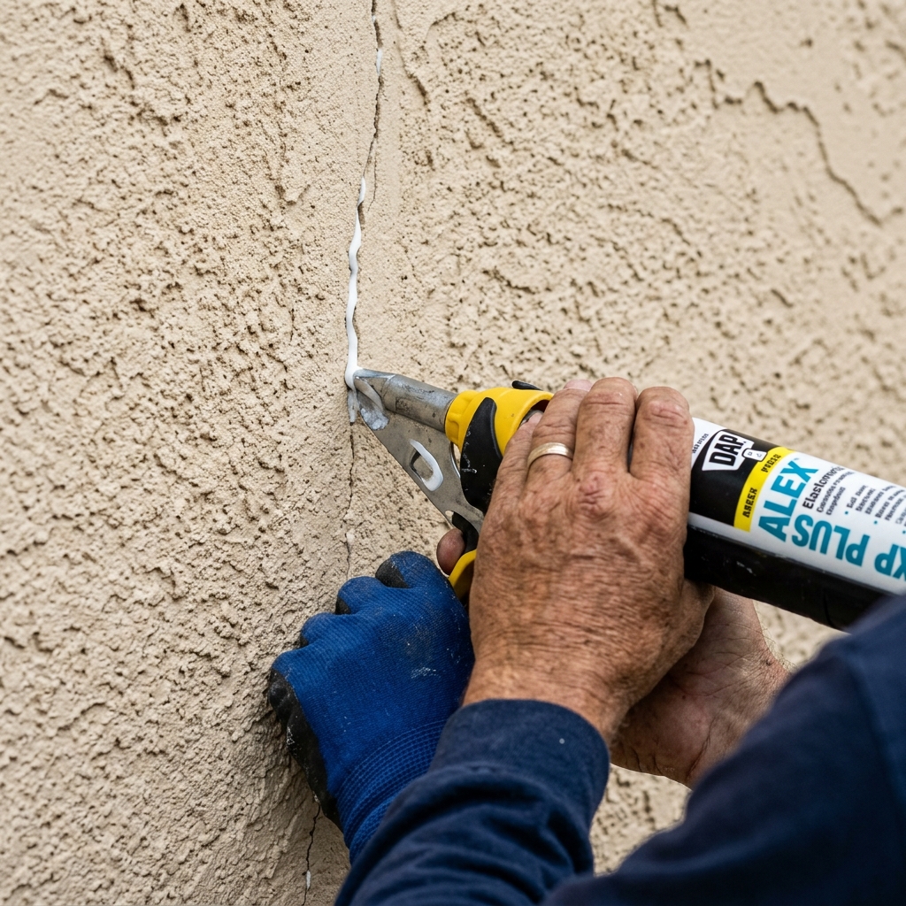 Close-up of professional stucco crack repair — elastomeric caulking applied to hairline crack in Florida exterior wall